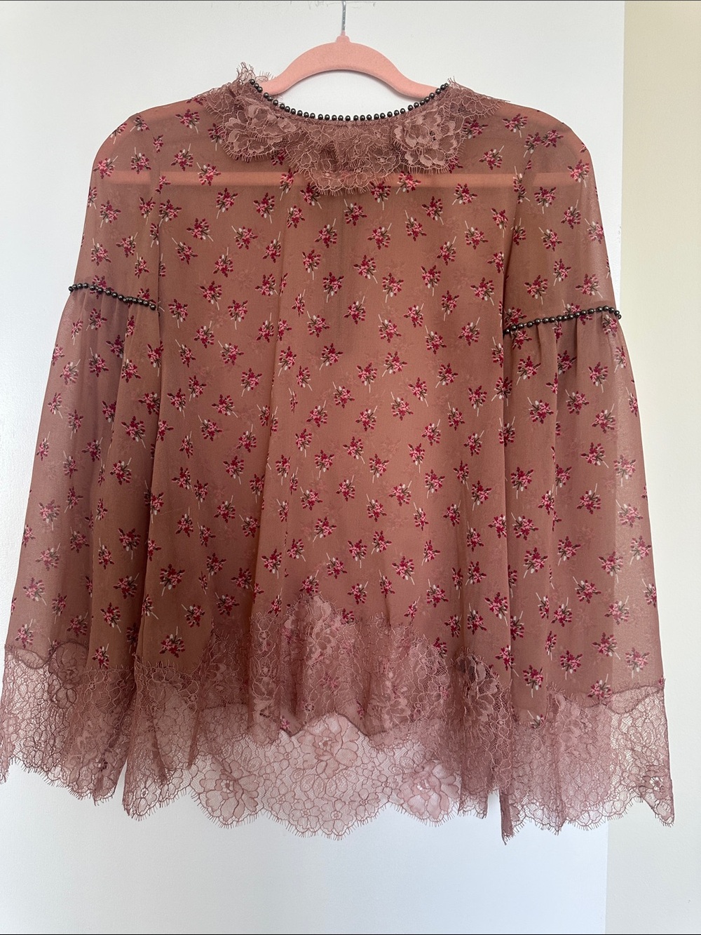 The Kooples Dusty Rose Floral Lace-Trim Blouse